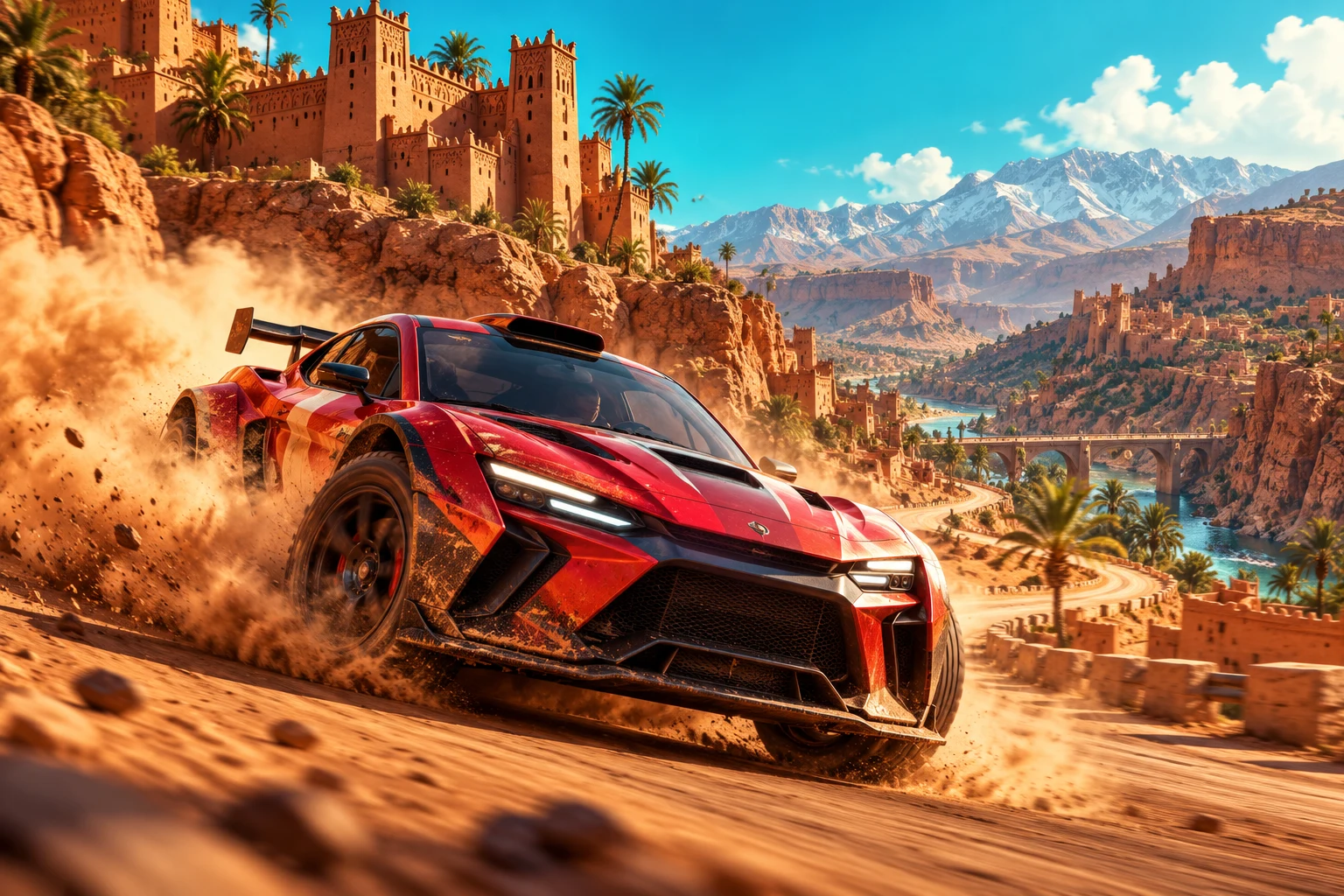 Red rally car racing through a Moroccan canyon