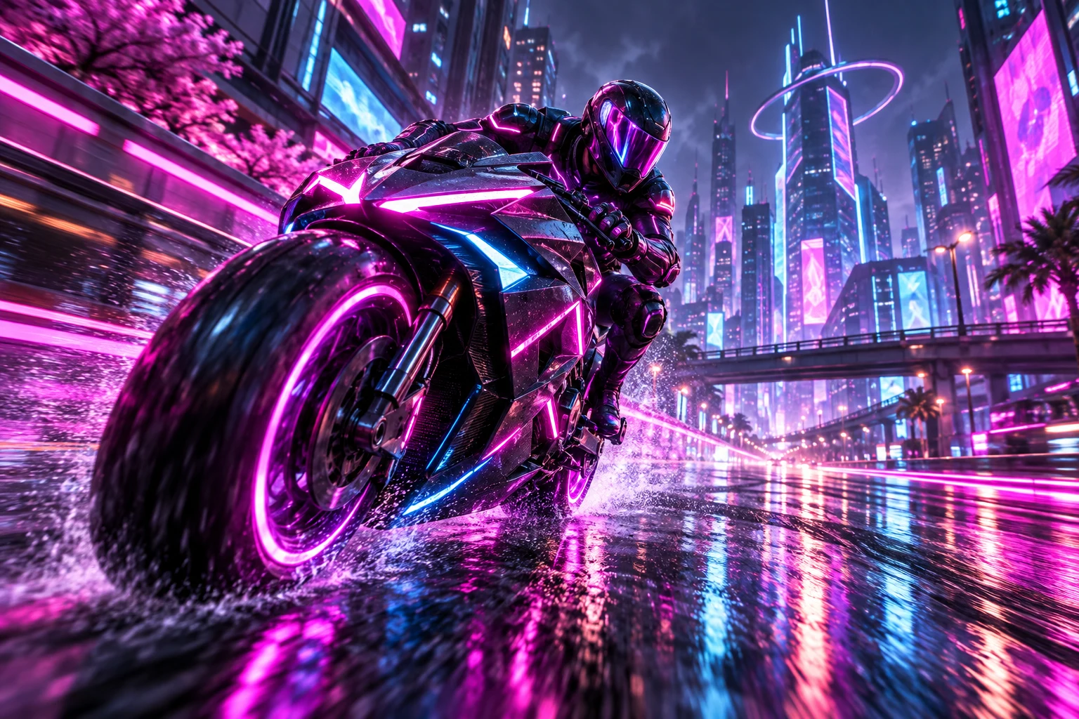 Neon motorcycle speeding through a futuristic city at night